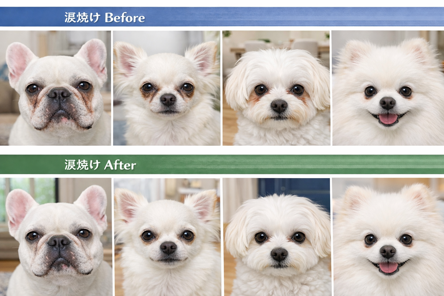 涙やけ Before / After 比較。4犬種の6ヶ月の変化。
