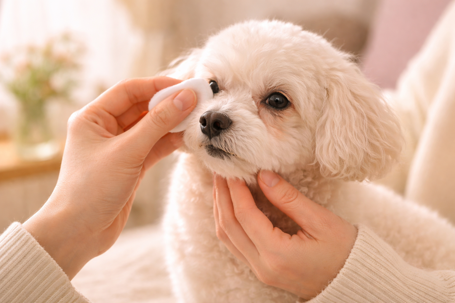 涙やけを拭う飼い主の手元