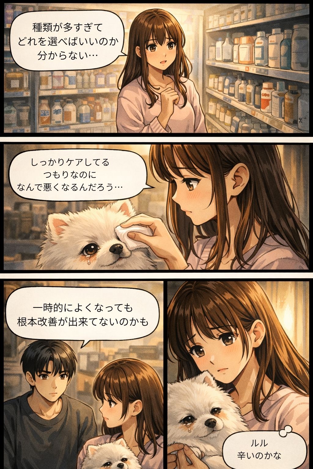 店頭で悩む。涙をふく