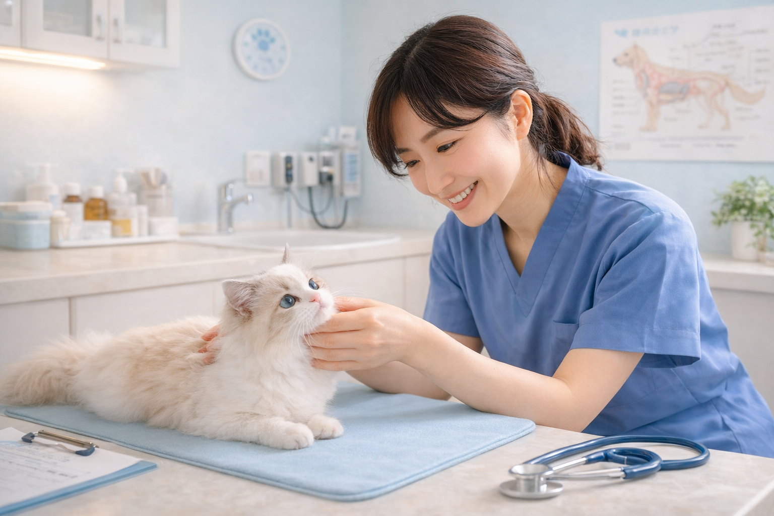 診察風景。獣医師による丁寧な健康チェック。