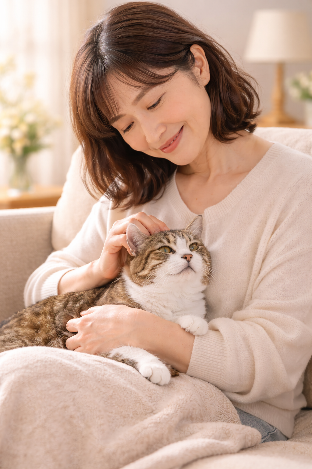 朝のひととき。愛猫と過ごす家族の日常。