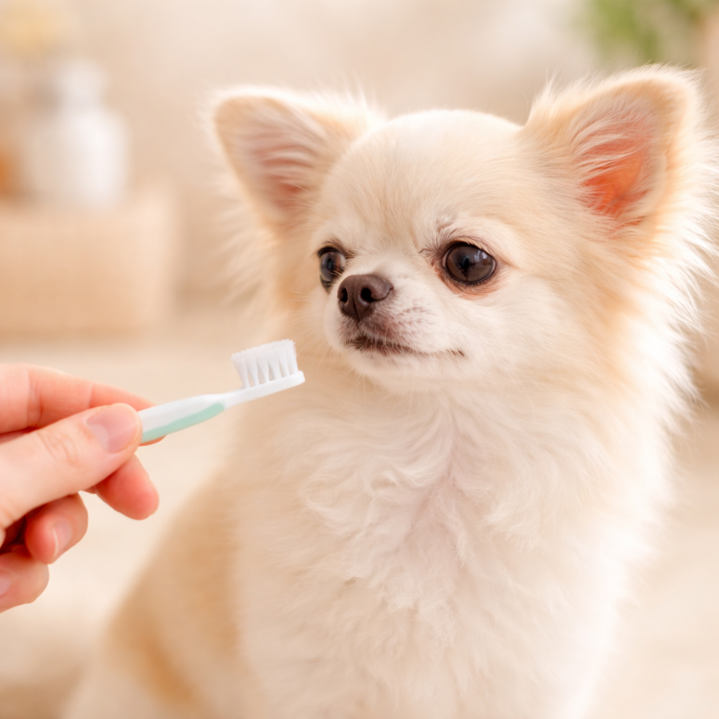 歯ブラシを見つめる愛犬